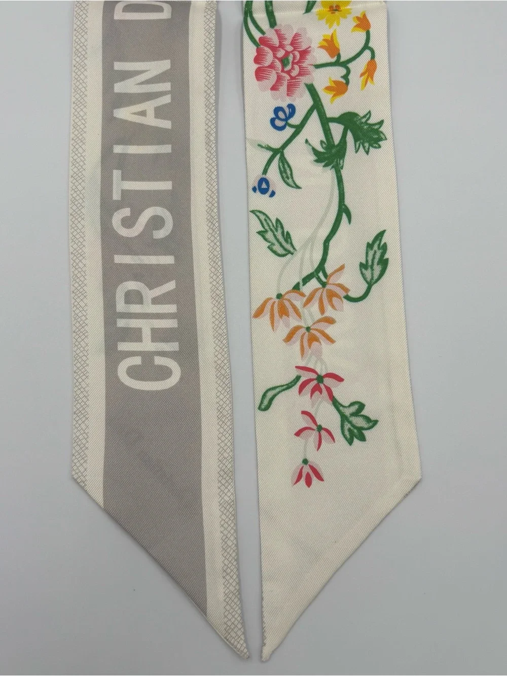 Christian Dior Mitzah Silk Scarf Floral White Gray Botanical Ribbon Twilly